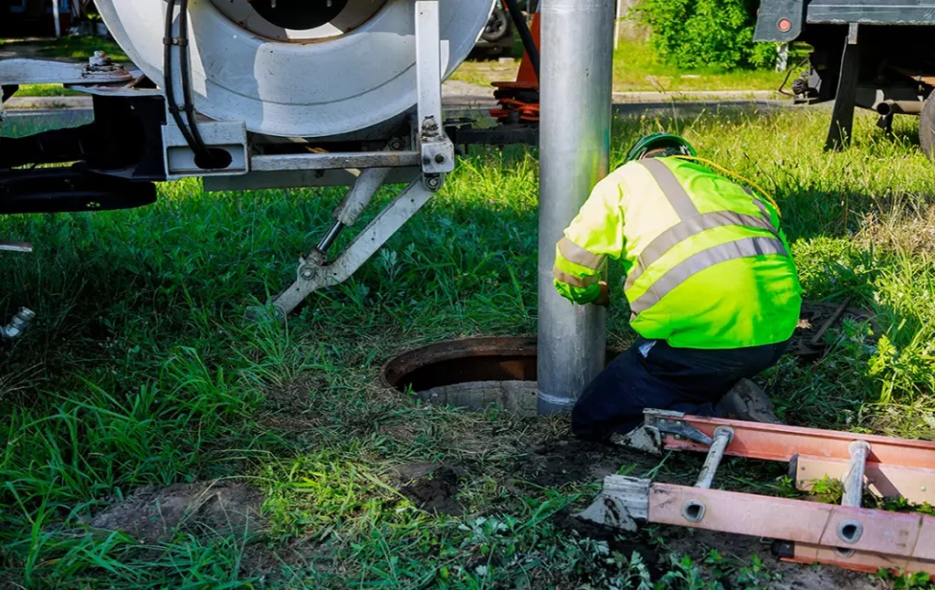 tech unclogging a pipe in septic tank